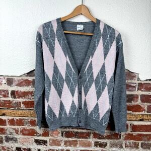 Vintage Courtelle Sweater Small Wool Blend Grey Pink Diamond Button Up Cardigan